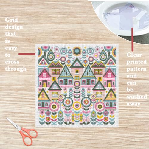 Image of FREEBLOSS 11CT Vector Cottage Stamped Cross Stitch Kits Complete Embroidery Kits with Instruction Cross Stitch Wall Hanging Kit for Needlepoint Adults Wall Art Decoration 18x18in /45x45cm