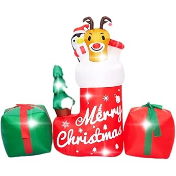 8FT Christmas Inflatable Outdoor Decoration,Inflatable Animal in Xmas Stocking with Gift Box,Lighted Blow Up Animal Standing on Christmas Socks with LED Lights for Christmas Outdoor,Yard Decorations