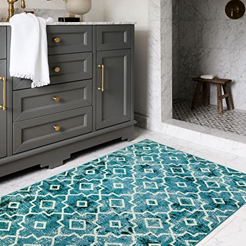 Wonnitar Moroccan Washable Area Rug - 3X5 Teal Distressed Entry Rug Living Room Modern Geometric Non-Slip Throw Rug Faux Wool Floor Carpet For Bathroom Laundry Bedroom Office Entrance Dining #TOP6