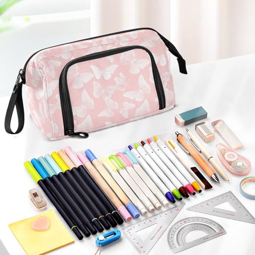 Image of Sletend Pink Butterfly Pencil Case with Side Opening & Elastic Slots Durable Nylon Multi-Functional Pen Bag for Students Teachers Kids & Office Organization