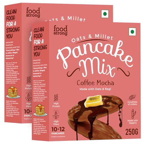 Image of foodstrong Oats And Millets Coffee Mocha Pancake Mix, High Protein & Fibre, No Maida, No Refined Sugar - Made With Jaggery, Eggless Instant Breakfast Mix 250 Gram X Pack Of 2