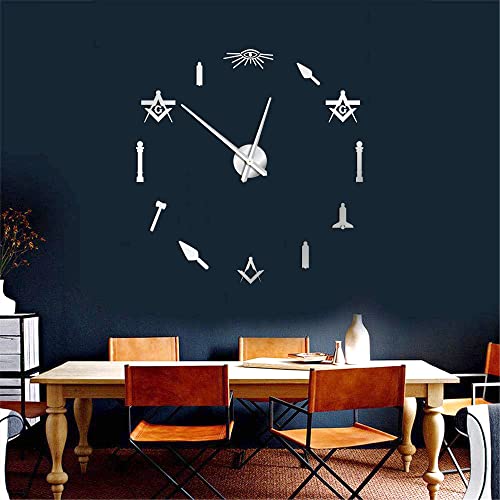 The Geeky Days Masonic Symbols DIY Mirror Wall Sticker Large Clock Freemasonry Home Living Room Decor Watch Freemason Mason Wall Art Giant Silent Quartz Clock Masonry Gift(Silver
