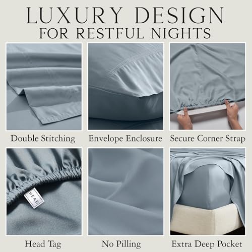 Image of KARISSA MAE Luxury Bamboo Viscose Twin Size Sheet Set | FSC Certified | Cooling | Ultra Soft | 18 inch Deep Pockets | Elastic Corner Straps | Includes Organizer Band [Chambray Blue]