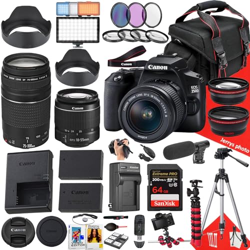 Canon EOS 250D / Rebel SL3 DSLR Camera with EF-S 18-55mm f/3.5-5.6 III DC and EF 75-300mm f/4-5.6 III Lens + 64 GB Memory + Extra Battery + Microphone + LED Light + More (40pc Bundle) (Renewed)