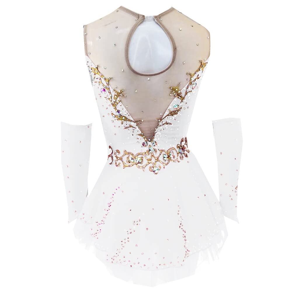 Vestido de patinaje artístico para niña, mujer, competición de patinaje, ropa de baile, vestido de patinaje sobre hielo hecho a mano con mangas