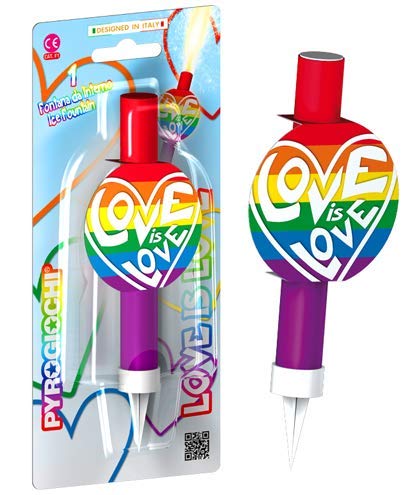 Candela Luminosa RAINBOW - Fontana Fiaccola ARCOBALENO con scritta LOVE is LOVE - Magic Flambè per torta - ideale per compleanno, feste, party, unione civile, matrimonio, amore, gay, lesbo K1 / Cat.1