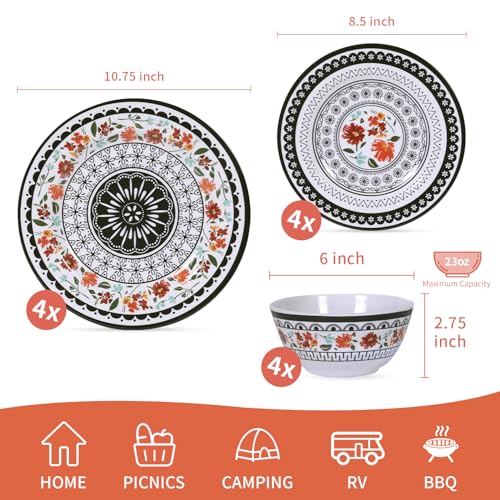 12-Piece Melamine Dinnerware Sets,Unbreakable Black white Plates and Bowls by Gofunfun - Used condition - Image 2