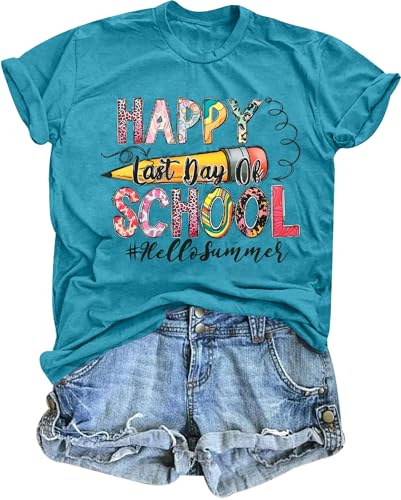 Last Day of School Shirt Women: Hello Summer Graduation Tshirt End of Year Shirts Teacher Teach Gifts Tee Tops Blue-Green