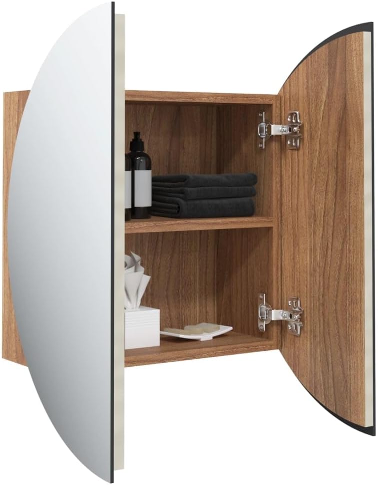 vidaXL Modern Bathroom Cabinet | Engineered Wood Wall-Mounted Design | LED Illuminated with USB Interface | Built-in Round Mirror | Ample Storage Space | Oak Finish