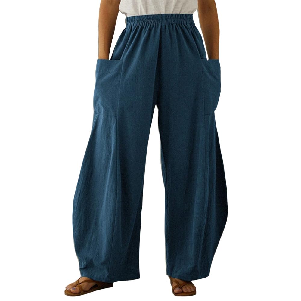 Womens Linen Pants with Deep Pockets Casual Elastic High Waist Wide Leg Trousers Plus Size Beach Pants S-5XL