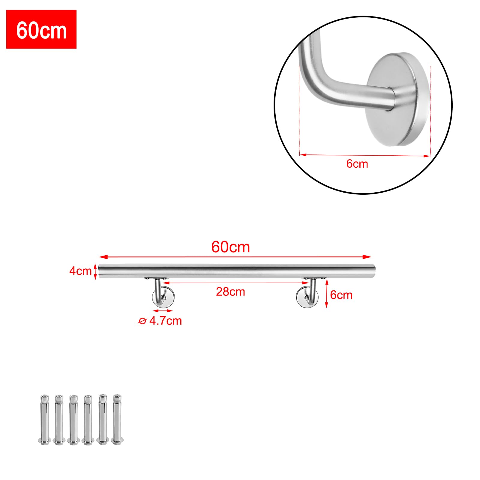 XMTECH Pasamanos de acero inoxidable, pasamanos para escaleras, pasamanos de pared, escaleras para exterior e interior, con soportes de pared y material de montaje, longitud: 60 cm