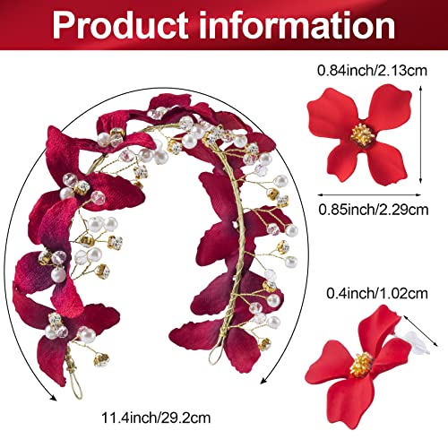 Ancirs Red Flower Crown Bridal Hair Band Headband, Rhinestone Red Rose Crowns Tiaras Hair Accessories & Crystal Floral Red Bride Ear Stud Dangler Earring For Women & Girls Wedding Engagement Birthday Christmas Decorations #TOP5