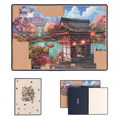 SanCallie Puzzle-Brett mit Abdeckungen tragbare Puzzle-Matte zur Aufbewahrung von Puzzles rutschfeste Oberfläche für bis zu 1000 Teile (Blau/Khaki)