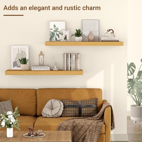 Image of 24 Inch Floating Shelves, 12 Inch Deep Floating Shelves for Wall, Extra Deeper & Thicker Wooden Wall Shelf with Invisible Brackets, Shelf for Bedroom Living Room Home Decor(Oak, Set of 2)