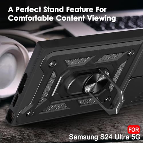 Image of TheGiftKart Tough Armor Bumper Back Cover Case for Samsung Galaxy S24 Ultra 5G | Sliding Camera Cover, KickStand & Ring Holder | 360 Degree Protection Back Case for Samsung S24 Ultra (PC & TPU, Black)