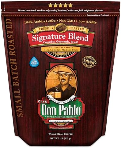 2LB Don Pablo Gourmet Coffee - Signature Blend - Medium Dark Roast - Whole Bean Coffee - 100% Arabica Beans - Low Acidity and Non-GMO - 2lb bag