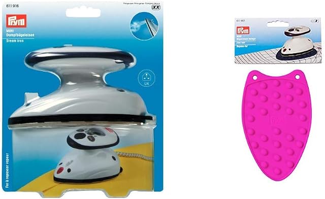 Prym Steam Iron Mini with UK Plug, White, 19 x 17 x .95 cm & Iron Rest, Pink, 7 x 5 x 3 cm