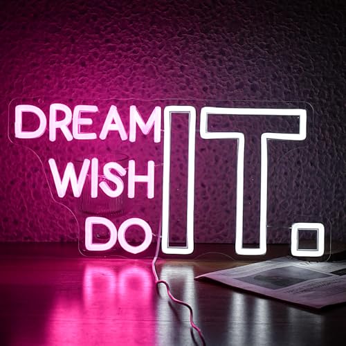 Image of Dream It Wish It Do It Neon Sign Dimmable Letters Neon Light Signs for Wall Decor USB Power Pink White Neon Light for Bedroom Led Neon Sign for Studio Office Bar Gifts