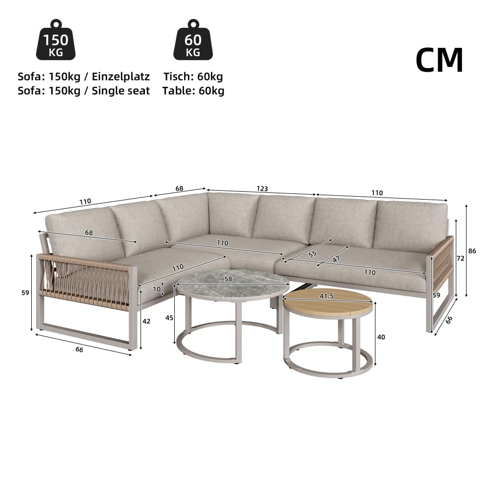 Juego de muebles de jardín para 6-7 personas, sofá esquinero con estructura de hierro galvanizado, patas ajustables, incluye todos los cojines de asiento y respaldo, color beige