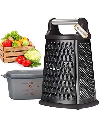 Ourokhome Cheese Grater with Handle, 4 Side Box Grater - Stainless Steel 10 Inch Cheese Slicer Shredder for Kitchen with a Storage Container (Black and Black)