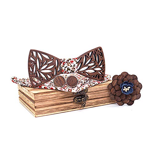Good partner Holzfliege männer holz fliege herren klassische 3d geprägte hölzerne Fliege Set Plaid Quadrat Schal Manschettenknöpfe Lässige Massivholz Umweltschutz Set (C1)