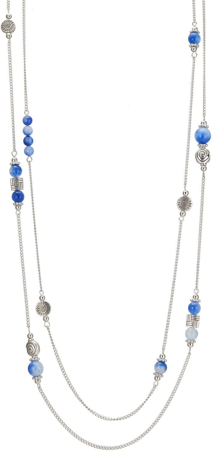 BULINLIN Layered Silver Long Necklace for Women Turquoise Stone Beaded Strand Sweater Chain Necklaces Fashion Costume Jewelry Gifts for Mom