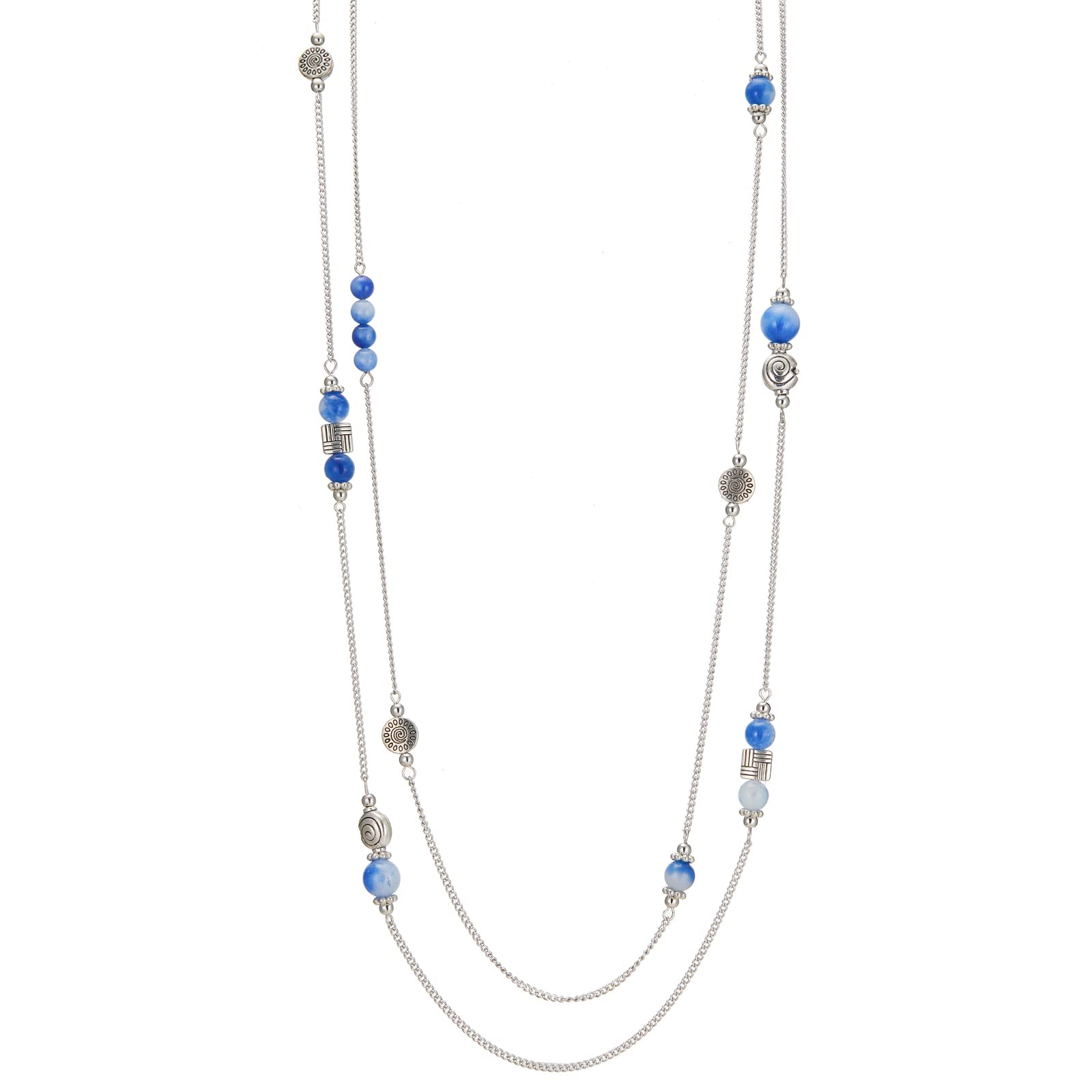 BULINLINLayered Silver Long Necklace for Women Turquoise Stone Beaded Strand Sweater Chain Necklaces Fashion Costume Jewelry Gifts for Mom