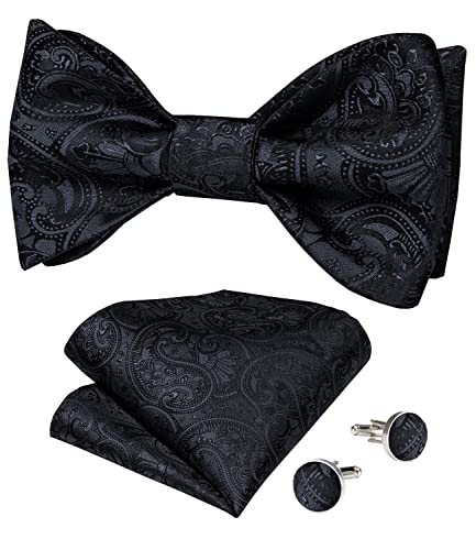 Image of DiBanGu Men Bow Tie Paisley Striped Self-Bow Tie for Men and Silk Woven Bowtie Pocket Square Cufflinks Wedding Party