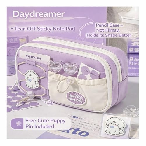 Image of Alokik Dog Purple Pencil Pouch for Girls, Large Capacity Cute Puppy Zipper Pencil Case with Front Pocket & Pin, Aesthetic Multi-Compartment Stationery Organizer for School (Dog - Purple)