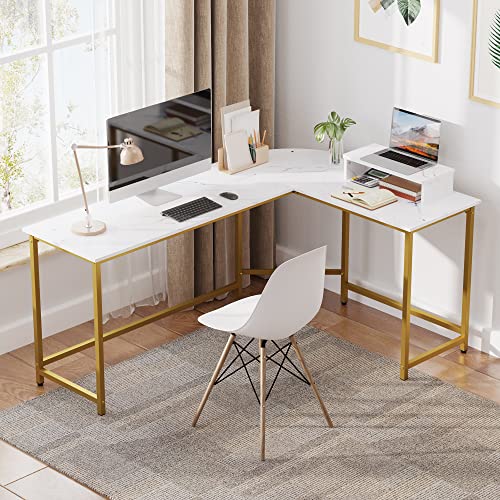 Weehom L Shaped Computer Desk With Monitor Stand, Reversible Corner Desk For Home Office, Modern Pc Workstation Study Writing Table(White And Gold) #TOP1