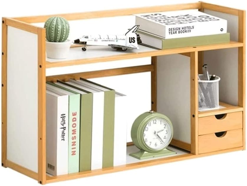 竹製デスクトップ本棚 シンプルなオフィスデスクオーガナイザー 引き出し2つ付き 2層ディスプレイシェルフラック オフィス用品や家の装