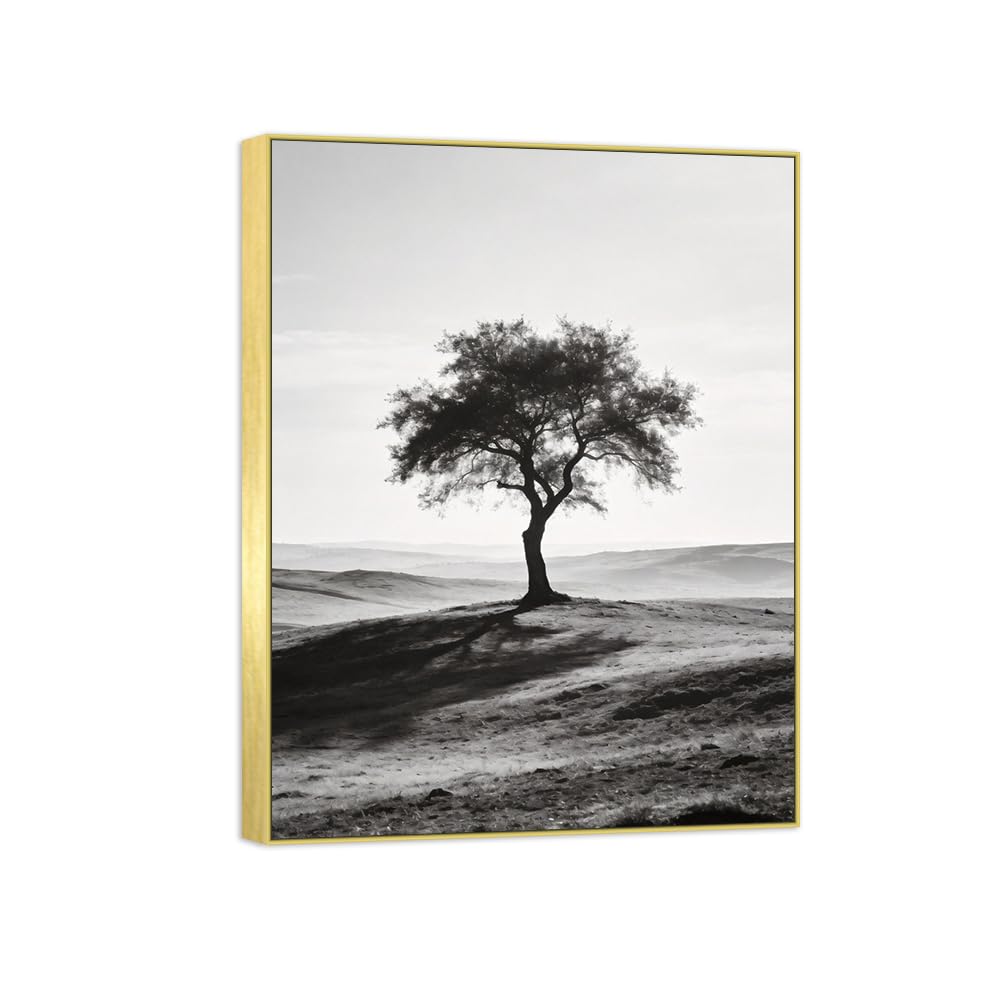 Tree Grassland Black White Landscape Canvas Picture 70x90cm Gold Frame