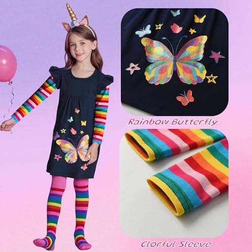 DXTON Toddler Girls Long Sleeve Dress Stripe Rainbow Ruffle Cotton Casual Tunic Shirt Fall Winter School Dress2