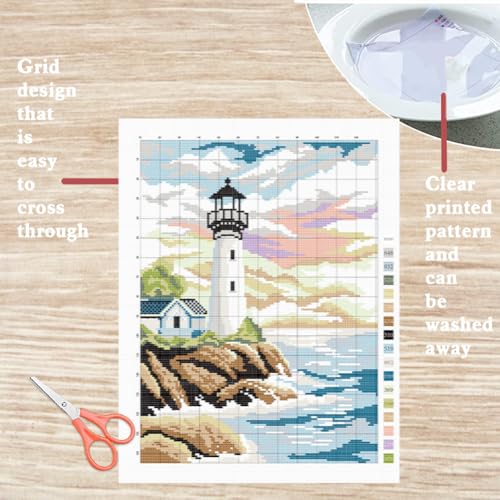 Image of FREEBLOSS Lighthouse Cross Stitch Kit Cross Stitch Starter Kit for Adults with Instructions 13 * 17'' Cotton Cloth Cross Stitch Wall Art Cross Stitch for Beginnrs Cross Stitch Wall Hanging No Frame