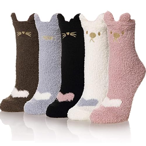 5 Pairs Fuzzy Socks Funny Slipper Socks Cozy Home Floor Socks Super Soft Cute Cat Paw Socks Winter Warm Socks for Women Girls
