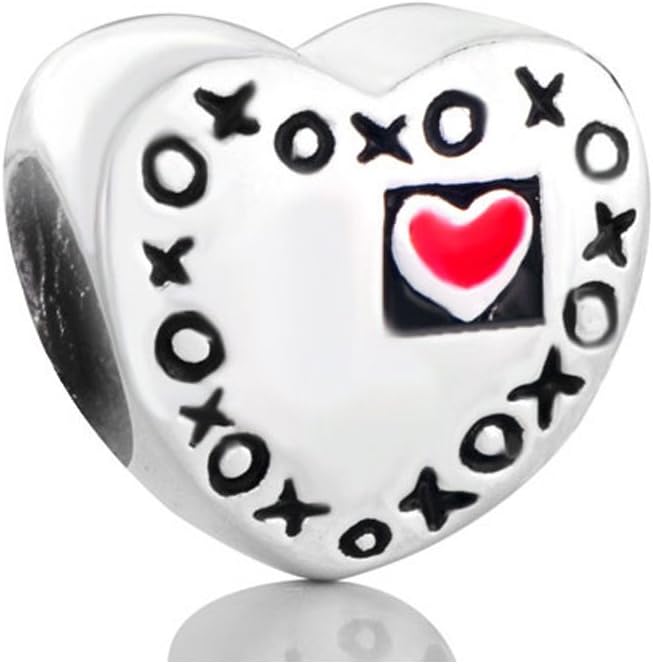925 Sterling Silver Heart Hugs & Kisses XOXO Red Love Beads Fit Bracelets