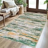 SIILOOM 3x5 Modern Abstract Area Rug for Entryway, Green Teal Orange Multi Super Soft Washable Rug with Non-Slip, Low-Pile Door Mat Indoor for Living Room Bedroom, Carpet with Non-Shedding