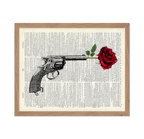 Poster Master Revolver Gun Print - Dictionary Poster - Red Rose & Flower Art - Firearm Gift for Men & Women - Floral Decor for Bedroom, Living Room or Dorm - 16x20 Beige Framed