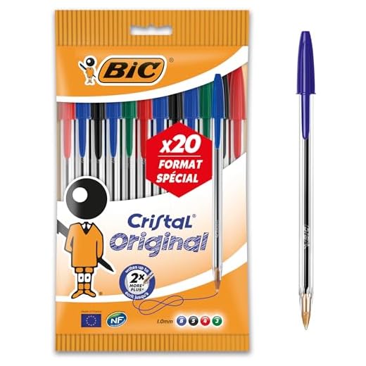 BIC Cristal Original Stylos-Bille Pointe Moyenne (1,0 mm) - Parfait pour l'Ecole et au Bureau - Couleurs Assorties, Pochette Format de 20