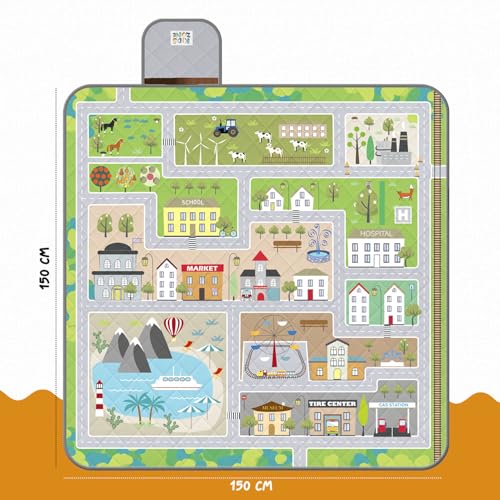 Lustig Picknickdecke Wasserdicht Faltbar für Kinder - Spielzeugautobahn Outdoor Camping Decke Mädchen Jungen - Stranddecke Washbar für Strand Park Picknick (Autobahn für Spielzeugautos, 150x150 cm)
