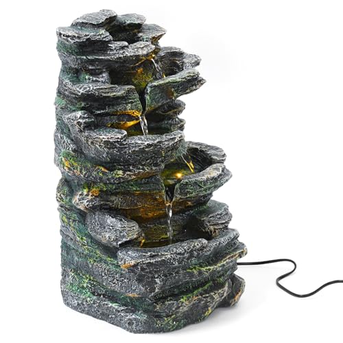 kamulouk Home Water Feature, 6-Tier Cascading Rock Water Fountain, Outside Patio Water Features Fountain with LED Warm Light, Garden Waterfall Decor for Patio, Backyard, Porch and Home Art Decor Grey