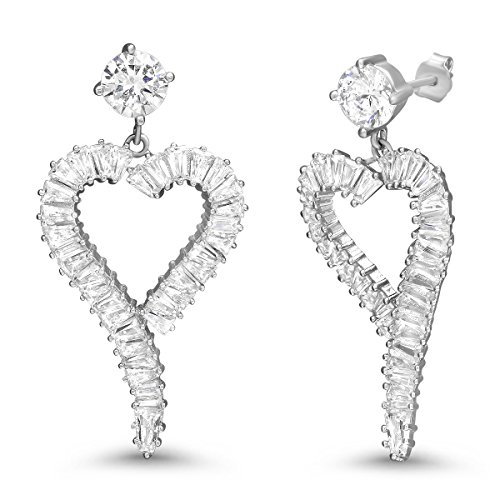 PORI JEWELERS 925 Sterling Silver Open Heart with CZ Baguette Stones Dangling Earrings