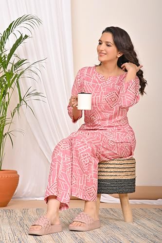 Image of Amazon Brand - Tavasya Women Cotton- Rayon Printed Kurti with Pant Co-Ord Set | Soft Comfortable Straight Fit Ethnic Kurta Set | 3 /4 Sleeves V-Neck Daily, Office & Casual Wear