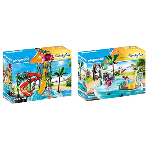 PLAYMOBIL Family Fun 70609 Aqua Park mit Rutschen, Zum Bespielen mit Wasser, Ab 4 Jahren & Family Fun 70610 Spaßbecken…
