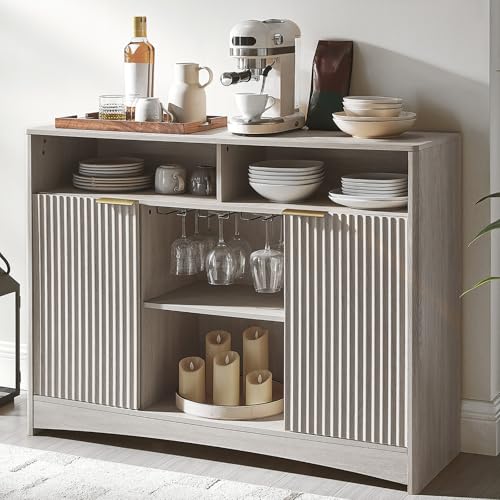 Amada Coffee Bar Cabinet with Wine Glass Rack, 47.2" Buffet Sideboard with Adjustable Shelves, Storage Cabinet for Kitchen,Entryway,Dining Room, Home Bar, Holds 200 lbs, Soft-Close Hinges,Grey