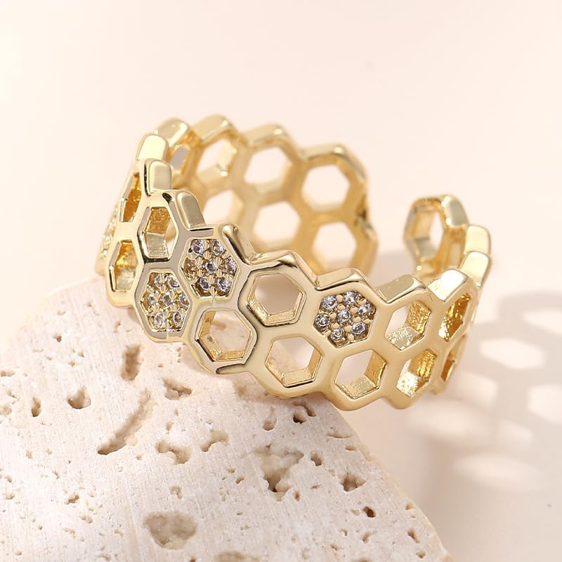 Adjustable Bee Ring for Women, Nature Inspired Honeycomb Design Open Finger Ring Unique Fashion Jewelry Gift - Image 2