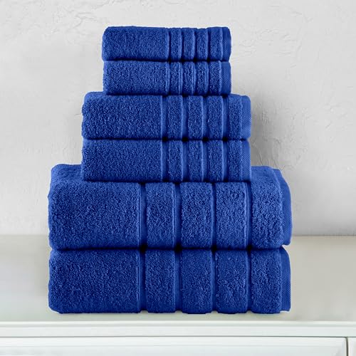 Image of Elegant Comfort 4 Lines Viscose Stripe 6-Piece Premium Towel Set - 100% Turkish Cotton High Absorbent Luxury Bathroom Towels - Includes 2 Washcloths, 2 Hand Towels and 2 Bath Towels Set, Royal Blue