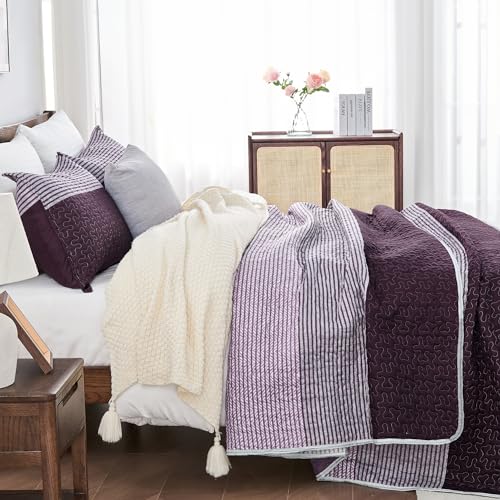 Image of Andency Striped Quilt Set King(106x96Inch), 3 Pieces (1 Purple Quilt and 2 Pillowcases) Purple and Grey Striped Bedspread Coverlet, Lightweight Soft Quilted Bedding Set