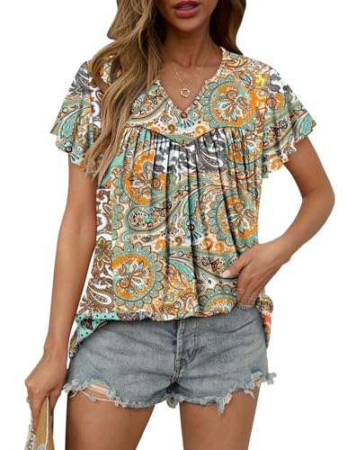 KISSMODA Tops for Womens Summer Cute Short Sleeve Shirts Trendy Notched Neck Blouses Casual Loose Pleated Tunics S-3Xl