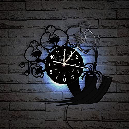 Smotly Horloge murale en vinyle, motif orchidée papillon, plante en pot vive, ne se décolore pas, horloge murale décoration de la maison, cadeau (avec lumière)